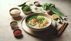 Image of creamy coconut vegan ramen in a ceramic bowl, garnished with green onions, cilantro, sesame seeds, and chili flakes, exuding inviting warmth.