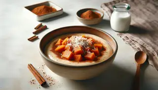 Creamy sweet potato and coconut milk pudding in a bowl, topped with toasted coconut flakes and cinnamon, on a neutral, minimalistic table.
