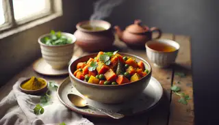 Image of a vegan African-inspired stew in a bowl, with sweet potatoes and carrots, garnished with coriander. Herbal tea and a spoon on a wooden table.