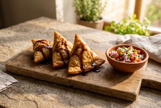 Spiced Njahi and Cassava Samosas with Berbere-Tamarind Glaze Golden-brown triangular samosas drizzled with dark tamarind glaze on a wooden board next to a small bowl of fresh tomato relish.