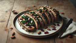 Image of thickly sliced bitter bread on a ceramic plate, topped with sautéed kale, almonds, and cranberries on a wooden table, highlighting vibrant textures.