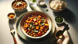 A cozy dinner setting featuring a bowl of vibrant Vegan Sweet Potato and Chickpea Stew, garnished with cilantro, beside a side of basmati rice, minimal decor, and soft lighting.