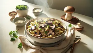 Vegan Mushroom Alfredo Pasta in a shallow bowl, creamy with tender mushrooms and parsley, steam rising, under warm lighting on a minimalist table.
