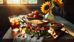 Generate a vivid and realistic image of a delightful outdoor lunch setting, bathed in the warm Californian sunlight. The focus of this scene is a meticulously made Vegan BBQ Tempeh Sandwich set on a rustic table. This sandwich, assembled on freshly toasted whole grain bread, contains layers of crunchy lettuce, succulent tomato slices, sautéed bell peppers and onions, and caramelized BBQ tempeh, all shimmering under the soft sunlight. The barbecue sauce exudes a smoky and spicy aroma that entices the senses. To add a bit of color, the bell peppers and tomatoes contribute a captivating splash of freshness to the scene. An inviting bowl of extra BBQ sauce is kept close by for anyone wanting more. The table is nonchalantly adorned with a linen napkin, a refreshing glass of iced tea sitting in the condensation, and a lively sunflower placed in a crystal clear vase. The image, portraying not only the appetizing visuals of the sandwich but the sensory excitement it offers, exudes an easygoing lunch ambiance.