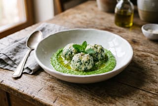 Steamed vegan gnudi dumplings on a vibrant green pea puree, garnished with mint and olive oil on a rustic wooden table.