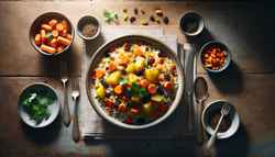 Minimalist table setting with vibrant Vegan East African Pilau in a bowl, surrounded by simple silverware and ceramic plates on a wooden table.