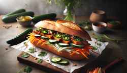 Image of a vegan BBQ Banh Mi with smoked jackfruit, pickled veggies, and cilantro on a crisp baguette, served on a minimalist table.
