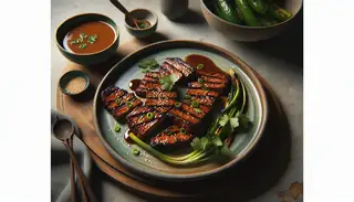 Grilled seitan with scallions, sesame seeds, and cilantro on a ceramic plate, natural wood table, small sauce bowl, in natural light with a soft grey background.