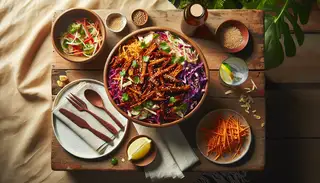 Vibrant BBQ Jackfruit Salad on a wooden table, surrounded by minimalist picnic items and natural foliage backdrop.