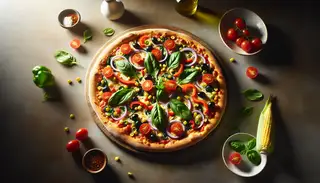 A vegan pizza with a golden crust and toppings of bell peppers, onions, baby corn, spinach, artichokes, olives, tomatoes, and melted vegan mozzarella, garnished with basil and red pepper, on a wooden table.