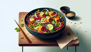 Modern vegetarian Asian-inspired salad in a sleek bowl, featuring red cabbage, carrots, bell peppers, cucumber, cilantro, with glazed tofu topped with peanuts and sesame seeds.