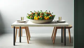 A minimalist table setting featuring a vibrant dish of zesty Asian spiced stuffed peppers, ready to be enjoyed.