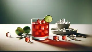 Vibrant red African spicy drink in a clear glass with lime wedge garnish on minimalist table setting, evoking freshness and exotic flavors.