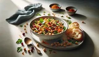Moroccan-inspired chickpea and carrot salad in a bowl, with vibrant ingredients and spices, beside crusty bread on a clear table under natural light.
