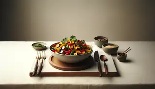 Minimalist table setting featuring a vibrant vegan stir-fry with golden-brown tofu and colorful bell peppers in a modern bowl, garnished with cilantro and sesame seeds, with elegant utensils beside it.