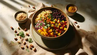 African-inspired vegan bowl on a textured tablecloth, with sorghum, mango, red bell pepper, black beans, and red onion, garnished with cilantro, peanuts, olive oil, and lime.