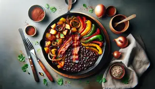 A delicious vegan breakfast featuring crispy plant-based bacon, sautéed bell peppers, onions, and potatoes, flavorful BBQ black beans, crumbled vegan bacon, and fresh cilantro.