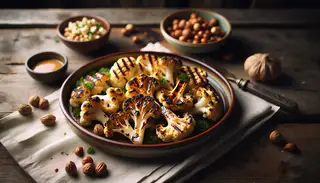 Image of tender, charred Vegan Smoky Maple Grilled Cauliflower on a rustic ceramic plate, garnished with parsley, accompanied by nuts and a linen napkin, on a wooden table.