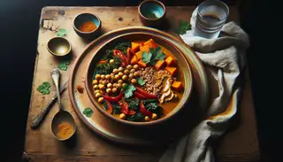 Rustic table setting featuring a bowl of colorful vegan African stew with millet, sweet potatoes, kale, and spices, accented by warm lighting.