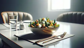 Freshly prepared vegan African side dish on a minimalist table, highlighting the vibrant colors and textures of the food.