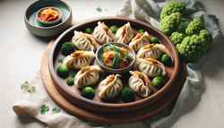 Vibrant Vegan Kimchi Dumplings on a stylish platter, garnished with fresh greens, inviting a taste of savory flavors and delicate spice.