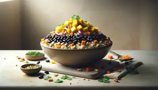A vibrant African-Asian fusion meze on a minimalist table, featuring millet, mango, black beans, red onion, carrot, and cilantro, with a neutral backdrop.