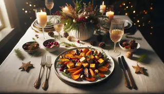 Festive holiday meal with golden-brown tofu and roasted root vegetables on a simple, elegant table, adorned with herbs and subtle holiday decor, in warm lighting.