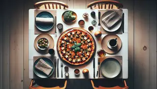 A rustic vegan Mediterranean pizza as the focal point on a simple, inviting dinner table setting, exuding a cozy, homely vibe.