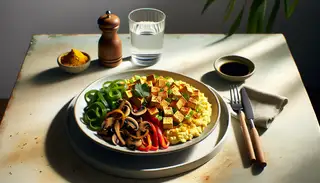 A minimalistic vegan umami breakfast featuring crispy silken tofu with green onions, shiitake mushrooms, and red peppers, garnished with cilantro, in natural light.