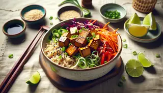 Vegan Asian Fusion Bowl at a Food Festival, with brown rice, sautéed tofu, colorful vegetables, lime wedges, in a serene festive setting.