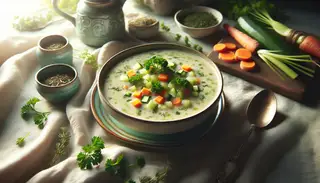 On a beautifully set table covered in soft, natural light sits a bowl filled to the brim with a light and creamy vegetable soup. The soup is garnished with fresh parsley, adding a vibrant green pop to the dish. Floating within the soup are diced carrots, chopped celery, and diced zucchini, the colors naturally contrasting the smooth creaminess of the soup. The scented air is filled with the aroma of dried thyme and rosemary. Beside the bowl is a spoon, ready to stir the aromatic ingredients and invite the first comforting sip. The ambience is one of simple elegance, offering no distractions from the enjoyment of this light and luxurious vegan meal.