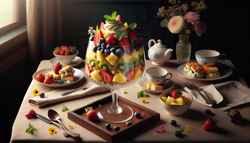 Elegant vegan high tea table featuring a dish with crumbled scones, marinated fruits, and coconut whipped cream, complemented by simple decor and soft lighting.