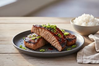 Vegan Gochujang Lion's Mane BBQ steaks with a crimson glaze, scallions, and sesame seeds on a charcoal plate in golden sunlight.