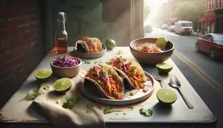 Image of vibrant plant-based Asian Fusion Tacos on a neutral plate, featuring jackfruit, red onions, bell peppers, purple cabbage, and cilantro, with lime wedges on the side, set against a subtle urban backdrop.