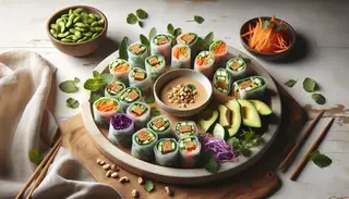 Vegan Asian fusion appetizer platter on a wooden table, featuring rice paper rolls with colorful fillings and a peanut sauce bowl, highlighted by fresh lighting.