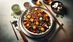 Vibrant vegan Spicy Mushroom and Tofu Stir-Fry on a minimalist table, featuring golden tofu, mixed mushrooms, and fresh garnishes.