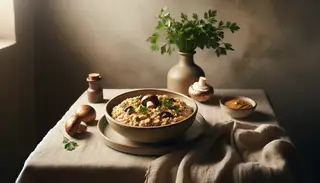 Elegant vegan mushroom risotto in a shallow bowl, highlighted by soft natural light, with fresh parsley in a vase on a minimalist table.