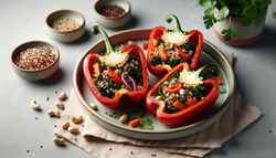 Image of roasted red bell peppers stuffed with quinoa, kale, carrots, and onion, seasoned with soy sauce and sesame oil, garnished with peanuts, on an elegant ceramic plate, emphasizing freshness and healthiness.