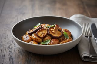 Vegan chestnut gnocchi with smoked shiitake, miso glaze, and Thai basil in a ceramic bowl on a rustic dark oak table.