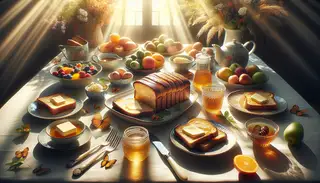Visualize a blissful morning scene of a meticulously arranged dining table, bathed in warm rays of sunlight. Spread out on the table, a delightful vegan breakfast awaits, featuring four slices of fluffy, golden-brown bread, each one glazed with savory plant-based butter melting into the crust and crevices. A tantalizing aroma wafts through the air, coaxing you to partake in the feast. Adorning the scene, a drizzle of maple syrup or plant-derived honey is at hand for a dash of sweetness. Glossy tableware and fresh ingredients displaying a medley of brilliant colors elevate the picture to tantalize the senses, tempting you to take the first crunchy bite of the rich, buttery bread. This picturesque scene encapsulates a plant-based, guilt-free gourmet breakfast experience, spreading a message of indulgence meeting compassion.