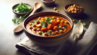 A vibrant bowl of African-inspired vegan sweet potato and chickpea soup, garnished with fresh cilantro, served on a rustic wooden table.