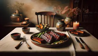 Cozy dinner setting with Vegan BBQ Tempeh Ribs on a ceramic plate, surrounded by grilled vegetables, under warm lighting, emphasizing the smoky texture and glaze.