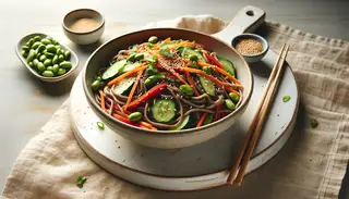 A fresh vegan Asian-inspired noodle salad in a ceramic bowl on a wooden table, accented with bamboo chopsticks and natural light.