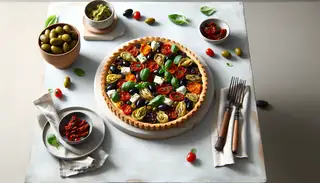 Vibrant Vegan Mediterranean Tart adorned with sun-dried tomatoes, olives, artichokes, vegan feta, and basil on a clean table setting