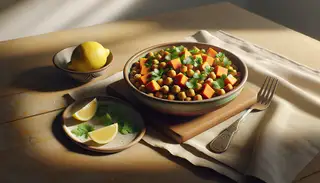 Image of a vegan meze in an earth-toned bowl with sweet potatoes, chickpeas, and cilantro, beside lemon wedges on a wooden table.