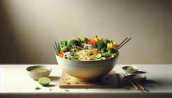 Vibrant Vegan Miso Coconut Ramen in a bowl, surrounded by colorful vegetables and garnished with green onions, cilantro, and sesame seeds.