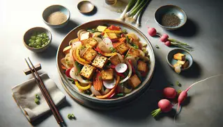 A vibrant Pickled Vegetable and Tofu Stir-Fry in a shallow bowl, featuring golden-brown tofu, colorful vegetables, and topped with green onions and sesame seeds.