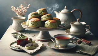 Image of fresh vegan matcha scones with golden edges on a ceramic plate, next to glossy chia jam and a steaming cup of tea, on a simply decorated table.