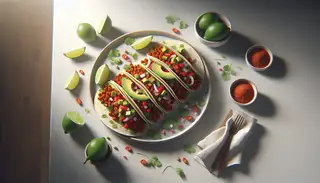 Four vibrant vegan tacos filled with spicy minced soy, topped with peppers, avocado, and cilantro on a simple table, with lime wedges.