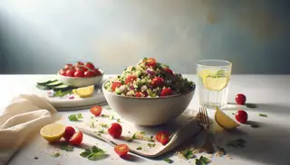 A vibrant vegan Quinoa Tabbouleh in a white bowl with cherry tomatoes, cucumber, red onion, and fresh herbs, beside a glass of lemon water, all set on a minimalist table.